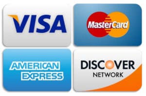 Logos of four major credit card companies: Visa, MasterCard, American Express, and Discover.